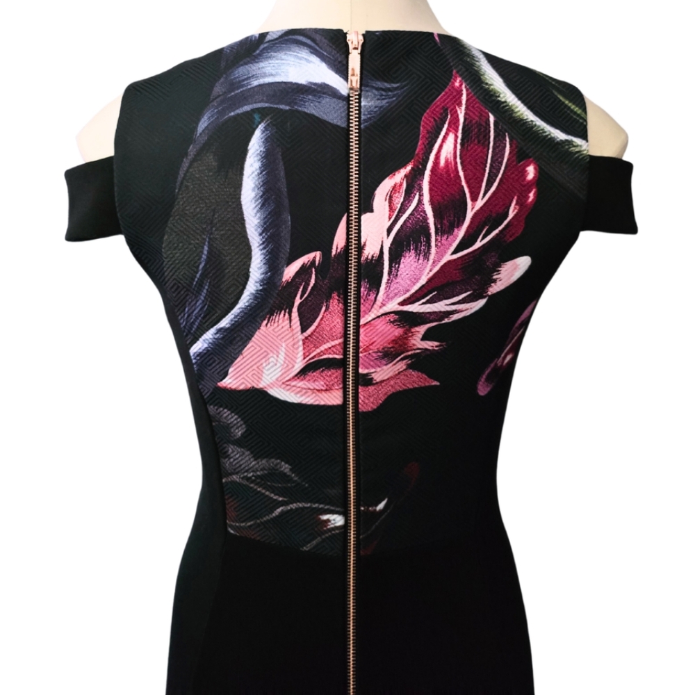Black Floral Cold-Shoulder Sheath Dress - Picture 4 of 13